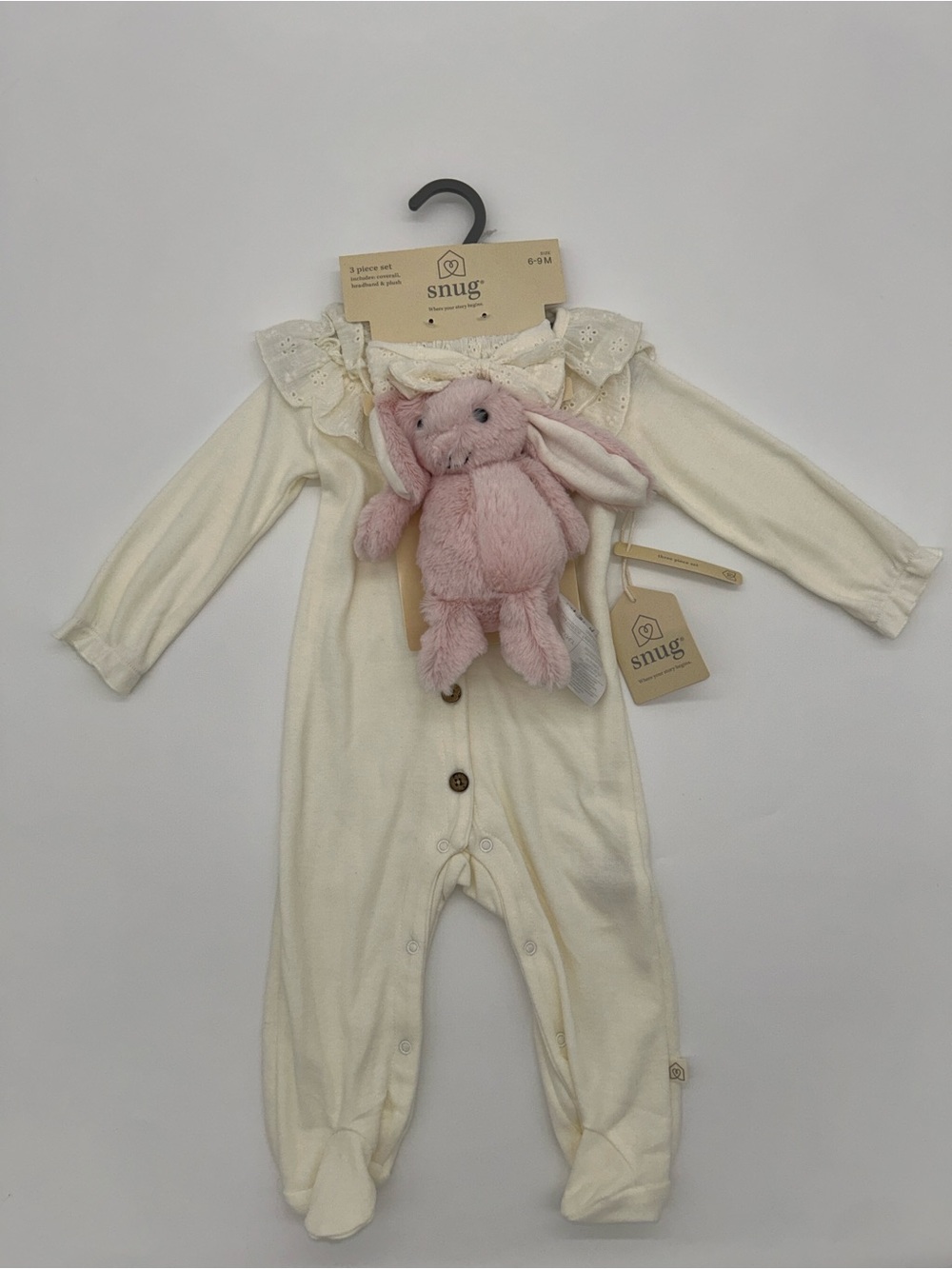 Snug 6-9M 3pc set Cream Ruffle Collar Baby One-Piece with Pink Bunny